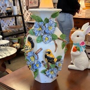 White Ceramic Vase with Yellow & Black Birds and Blue Flowers